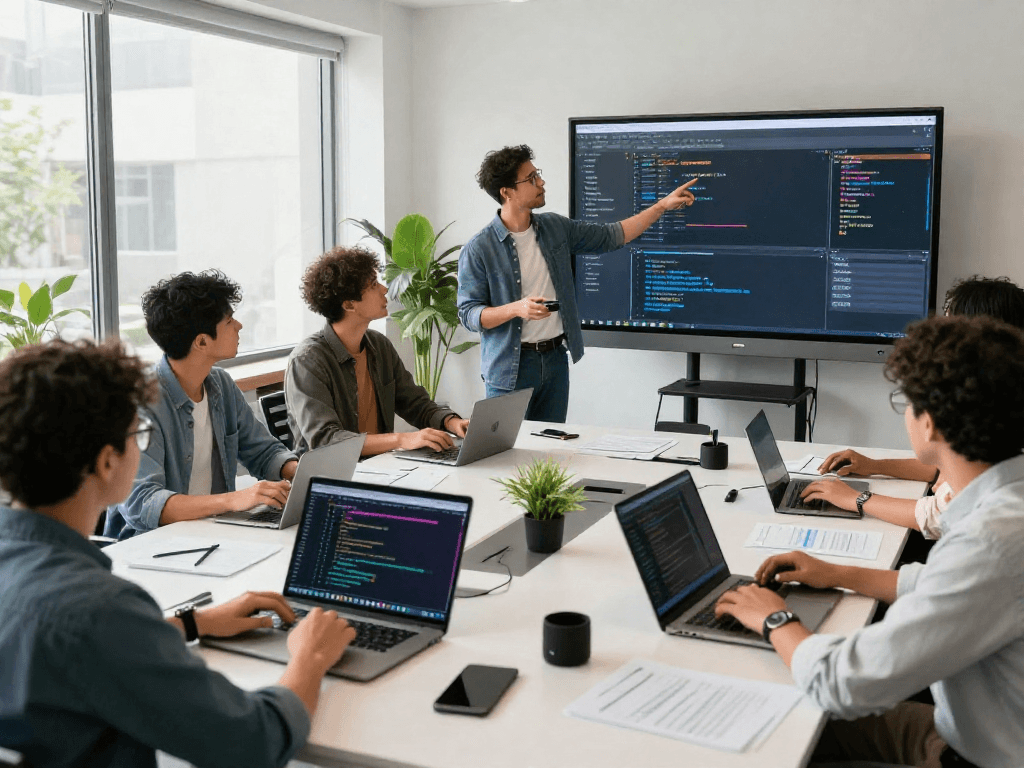 Dynamic team of software developers collaborating on spicy ai project in modern workspace with vibrant displays.