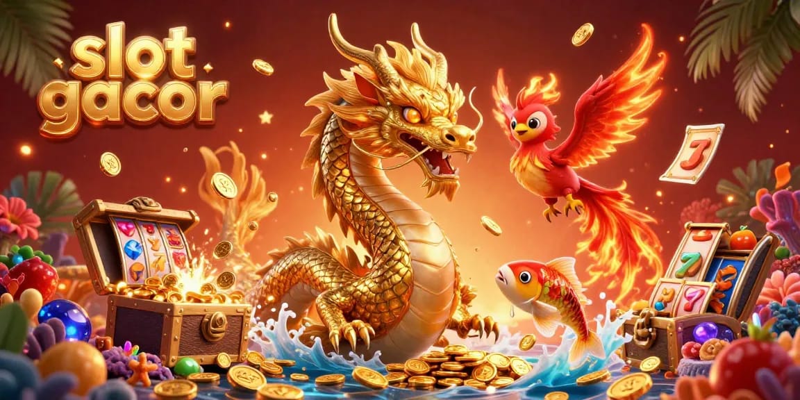 Experience the excitement of slot gacor with vibrant gold coins and mythical creatures in this dynamic 3D illustration.