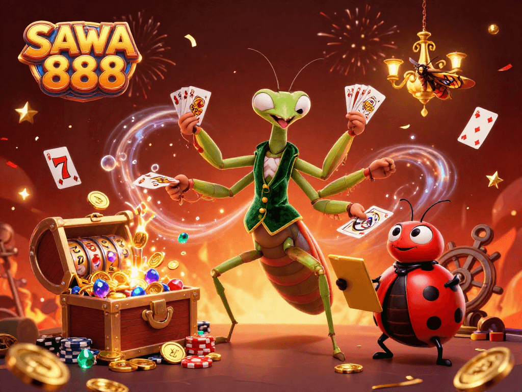 Experience the excitement of SAWA 888 as the giant praying mantis card sharp deals chips and plays cards.