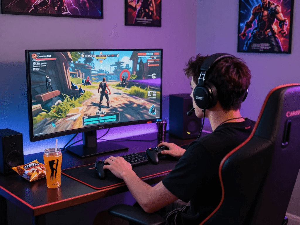 Engaged player enjoying real porn games at a vibrant gaming setup with immersive graphics.