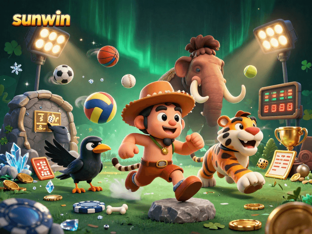 Sunwin enhances excitement with a vibrant 3D casino scene featuring a caveman and sabertooth tiger.
