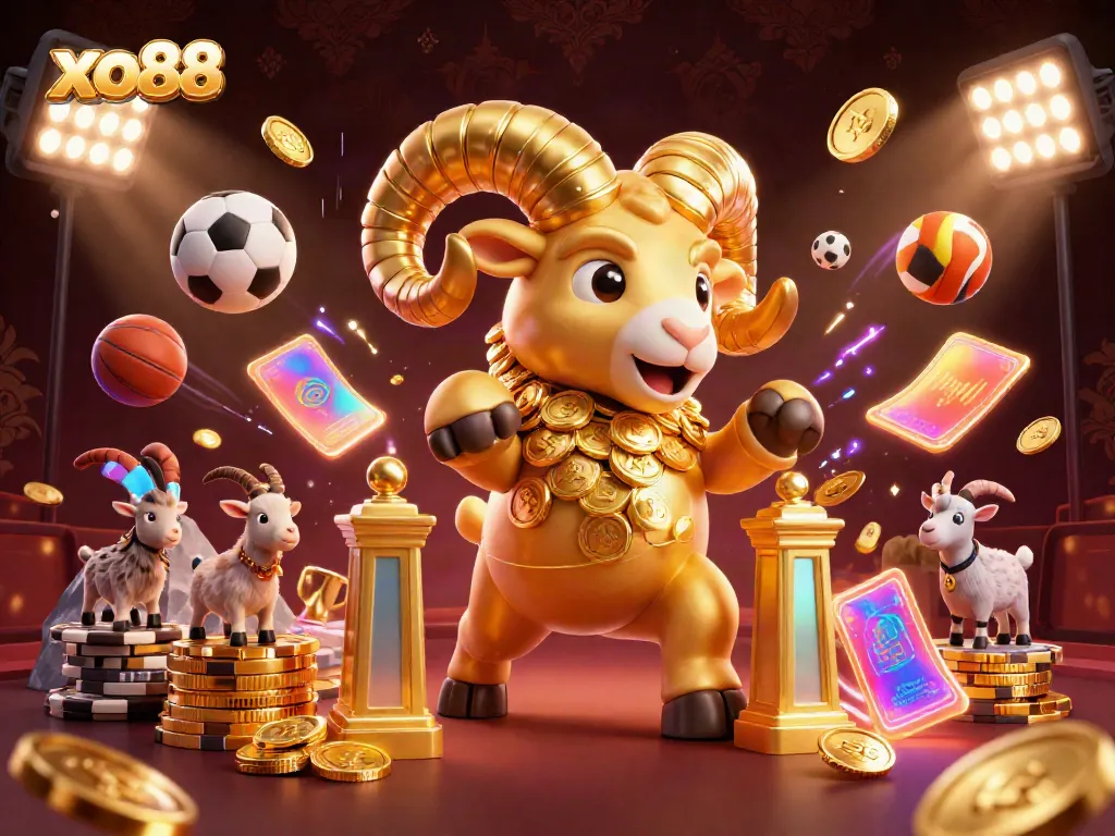 Experience thrilling sports betting action with xo88 as a golden ram charges through a dynamic casino scene.