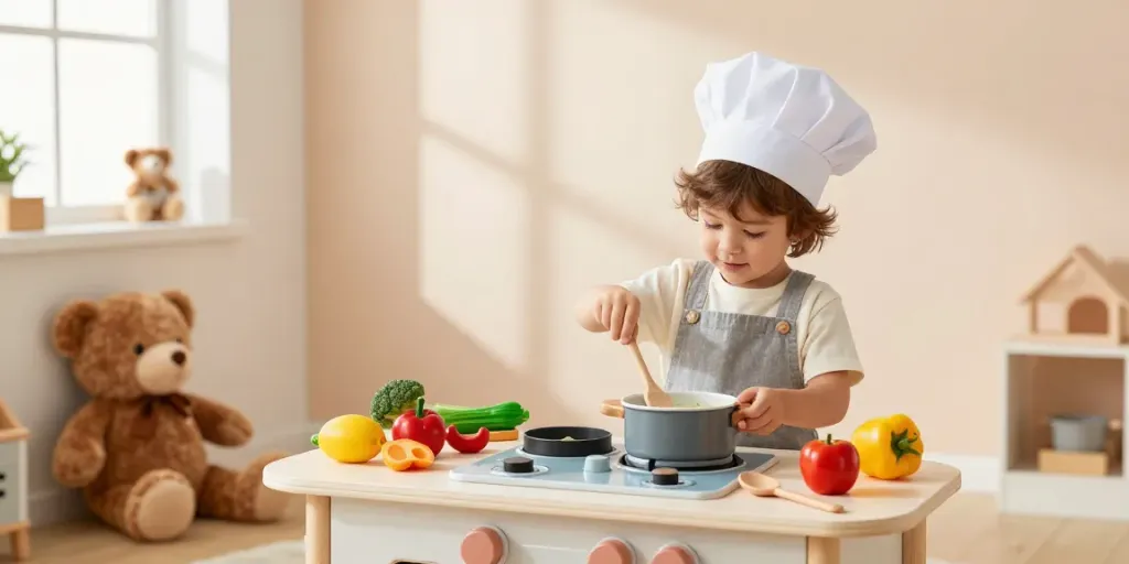 Child engaged in playful cooking at a kids kitchen set filled with colourful toys and natural light.