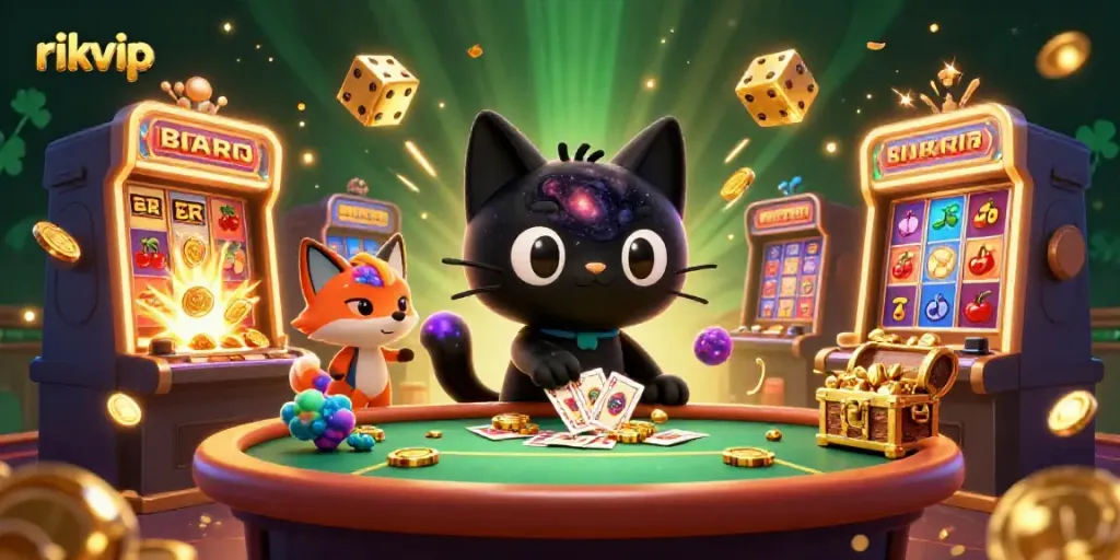 Win big at rikvip with this fun cosmic casino scene featuring a black hole cat and a nebula fox.