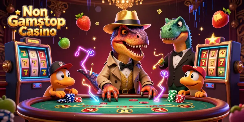 A 3D illustration depicting a Non Gamstop Casino with a velociraptor card counter and a stegosaurus pit boss at a blackjack table.