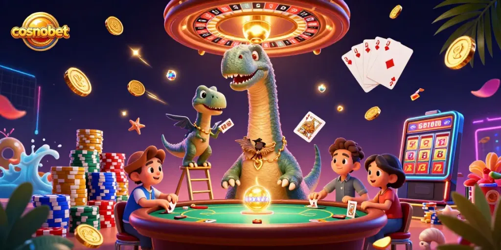 Play at cosmobet with a vibrant 3D scene of a lively casino atmosphere bursting with animations.