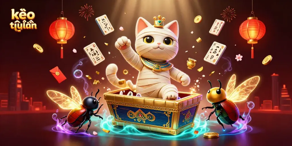 Experience kèo trực tuyến in an exciting 3D scene with an Egyptian mummy cat and casino elements.