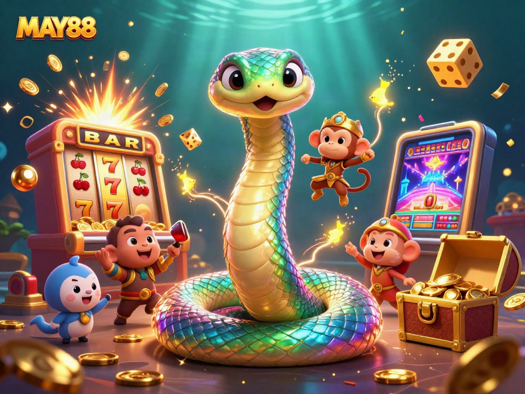Engage with MAY88's vibrant 3D illustration showcasing a captivating casino scene with dynamic gaming elements.