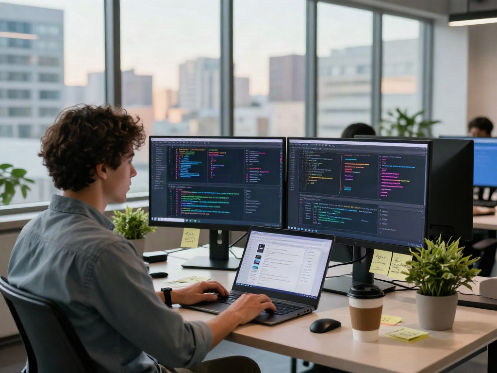 Innovative tech workspace with a developer coding AI algorithms, showcasing spicy ai technology in action.