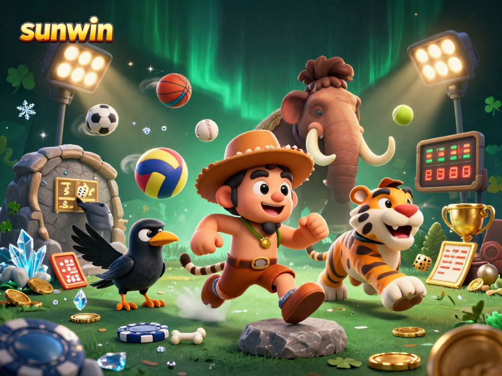 Sunwin enhances excitement with a vibrant 3D casino scene featuring a caveman and sabertooth tiger.
