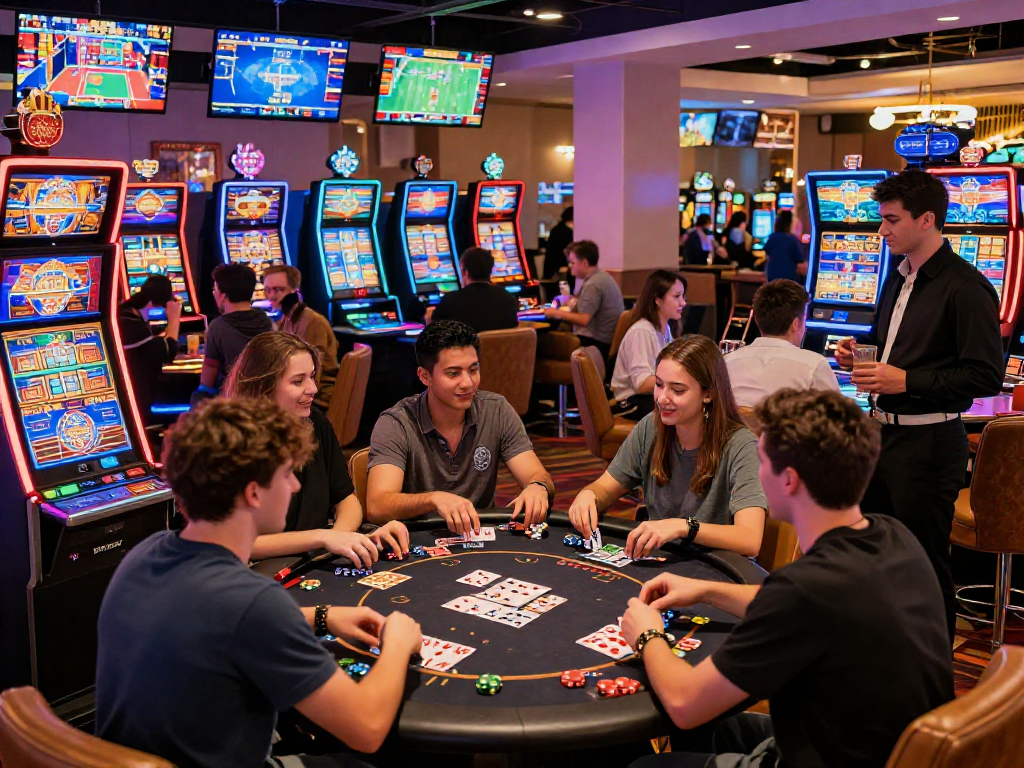 Friends enjoying gaming at casinos that accept credit cards, vibrant casino floor with festive atmosphere.