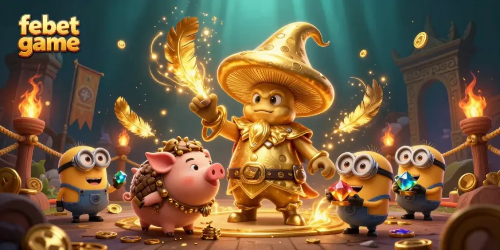 Experience the magical febet game with golden wizard, treasures, and vibrant casino elements.