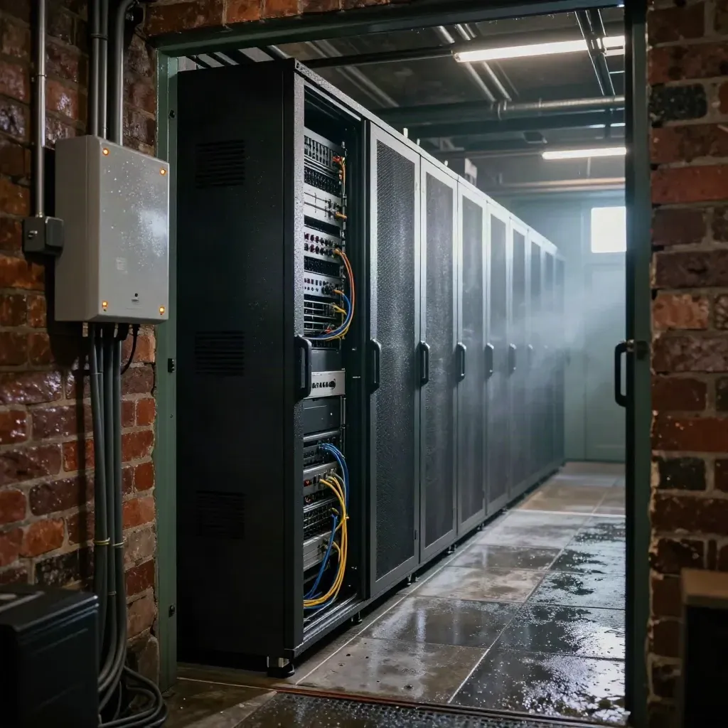 Victorian basement server corridor with racks, firewall appliance, wet brick, and blue-hour mist.