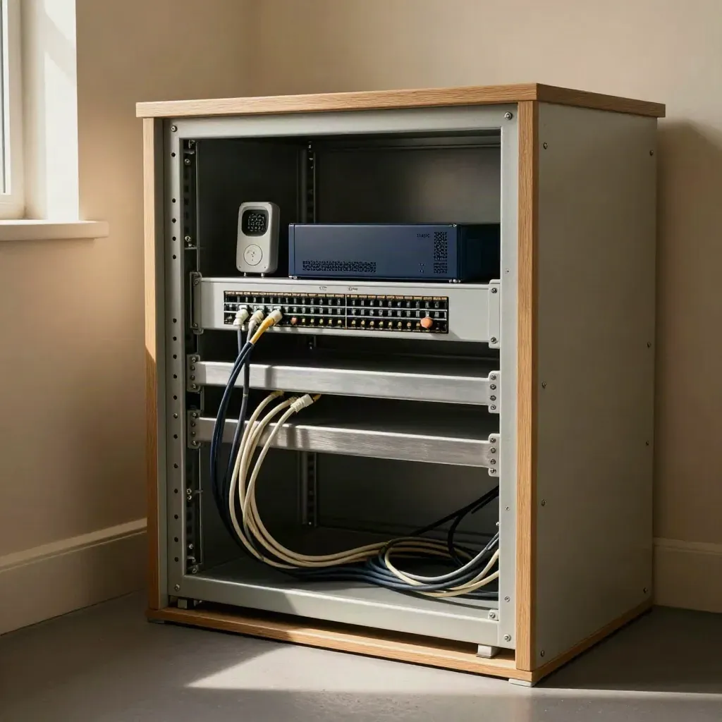 Opened rack in a warm comms cupboard with firewall gear and test beacon, lit by window light.