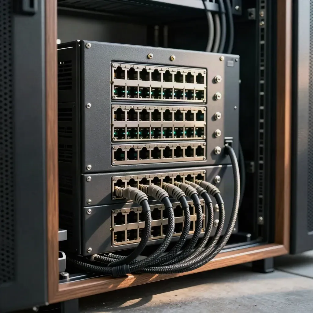 Firewall rack close-up with sealed ports, blanking plates and braided leads in a dark server alcove.