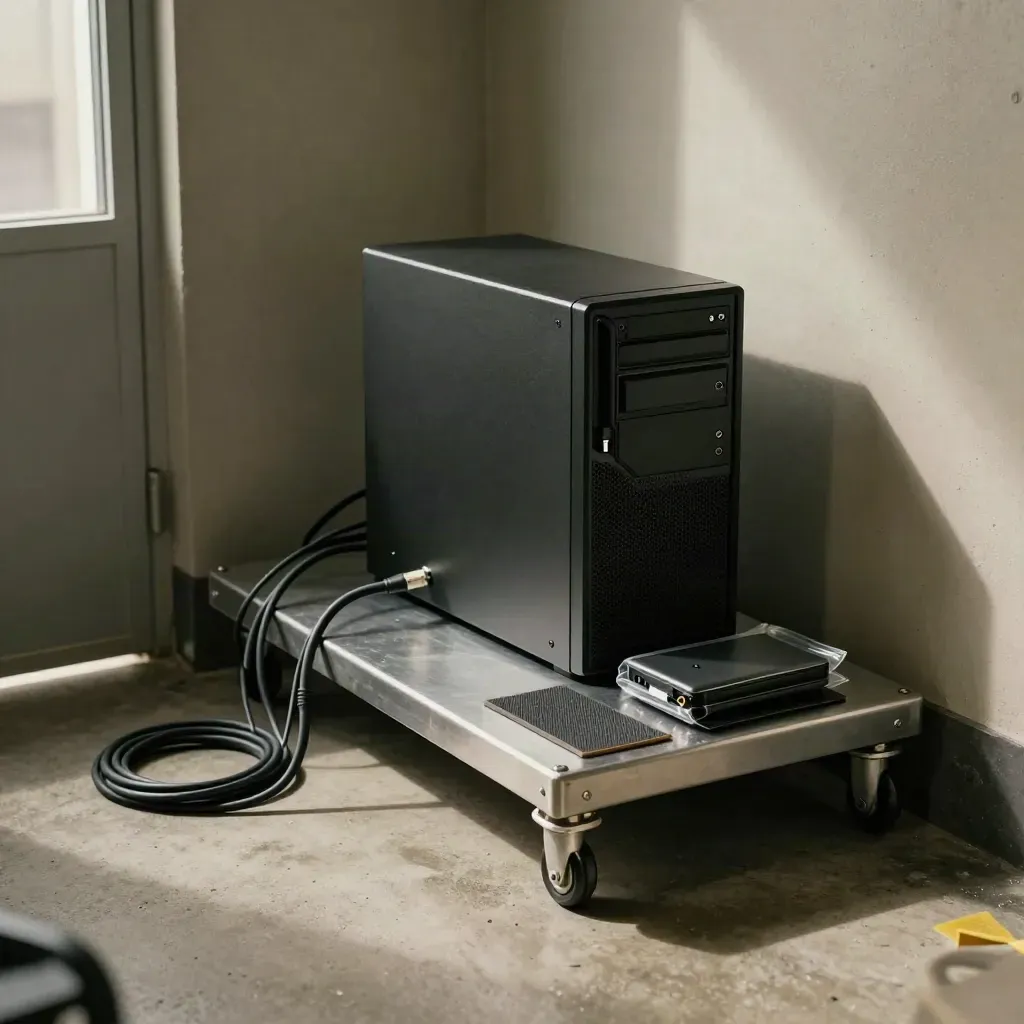 Quarantined workstation corner with separated cables, recovery drive and sealed evidence pouch.