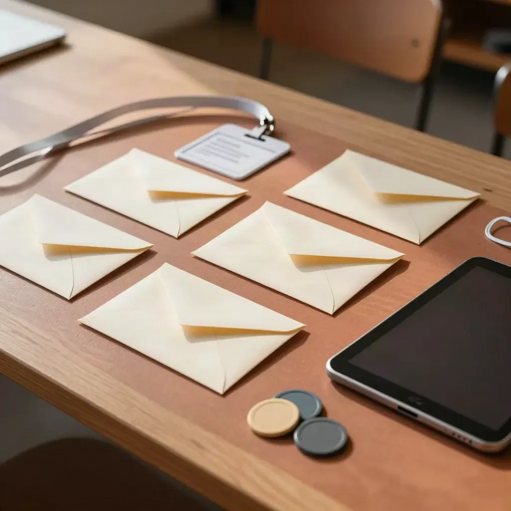 Phishing awareness drill kit with envelope shells, lanyards, tablet and tokens on warm clay surface.