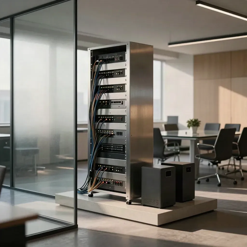 Empty glass-walled security suite with edge rack, endpoint towers, and tidy meeting area.