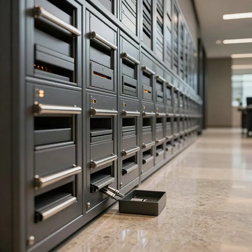 Empty law-office corridor with secured mail gateway cabinet, docked workstations, and quarantined USB tray.