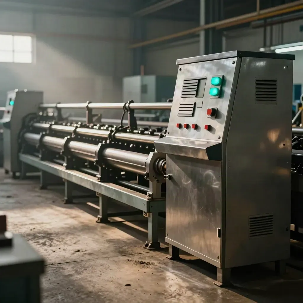 Factory control cabinet beside a moving production line, with teal indicators and heat haze.