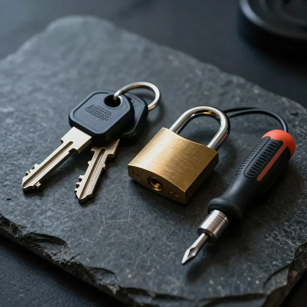 Macro still life of cyber security keys, brass padlock and tools on dark stone