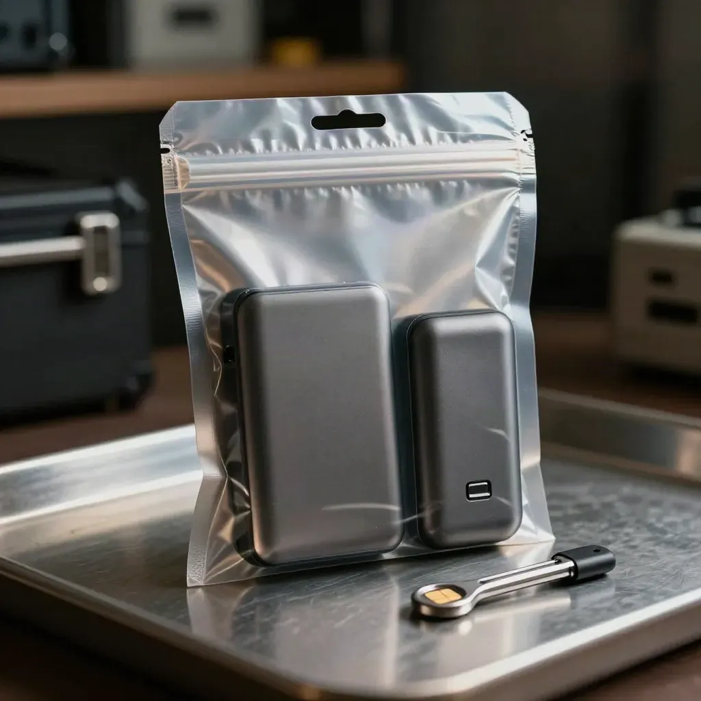 Incident response kit: sealed evidence bag, SSD, charger and SIM tool on brushed metal in dramatic light.