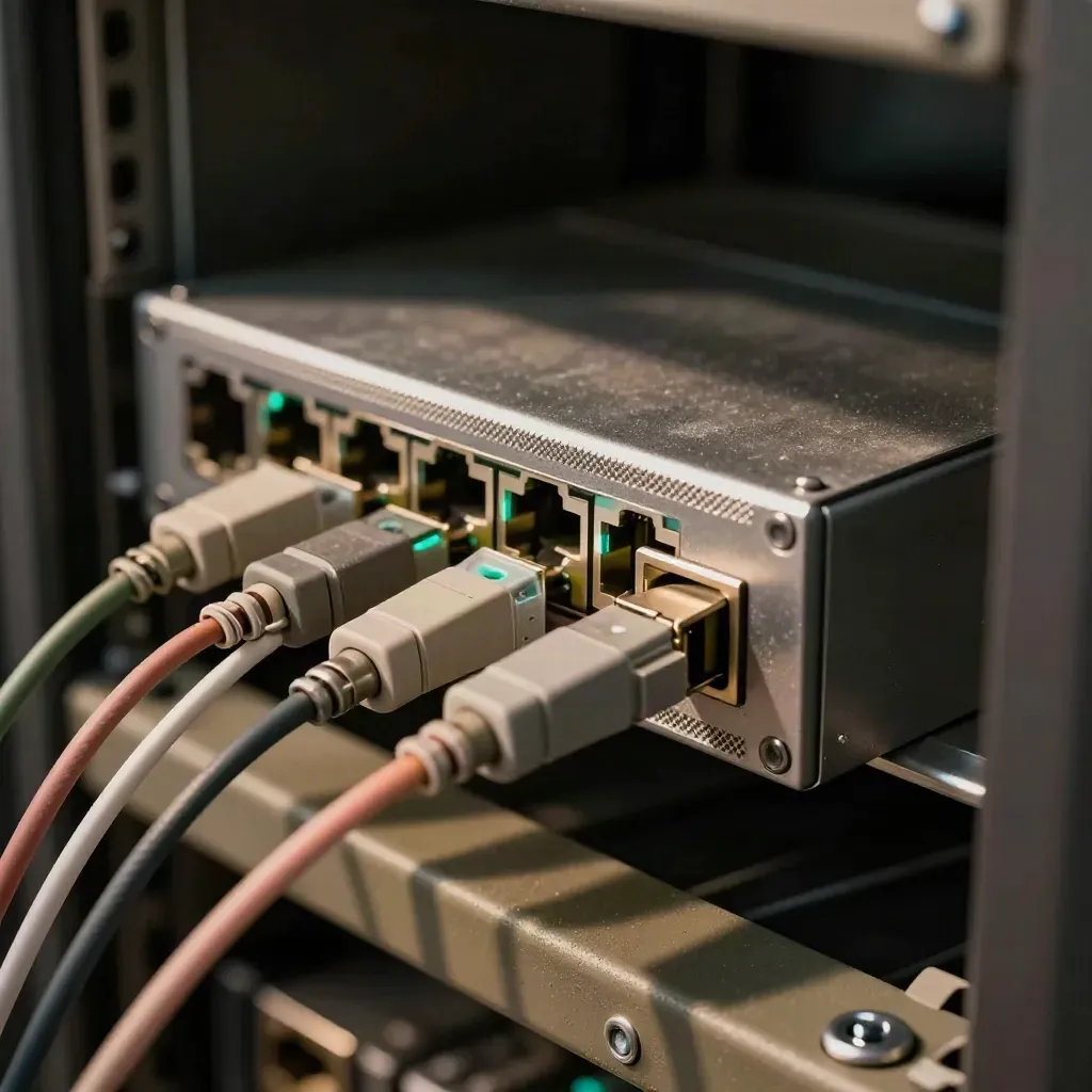 Optical transceivers and a network tap glowing softly inside a dark server rack.