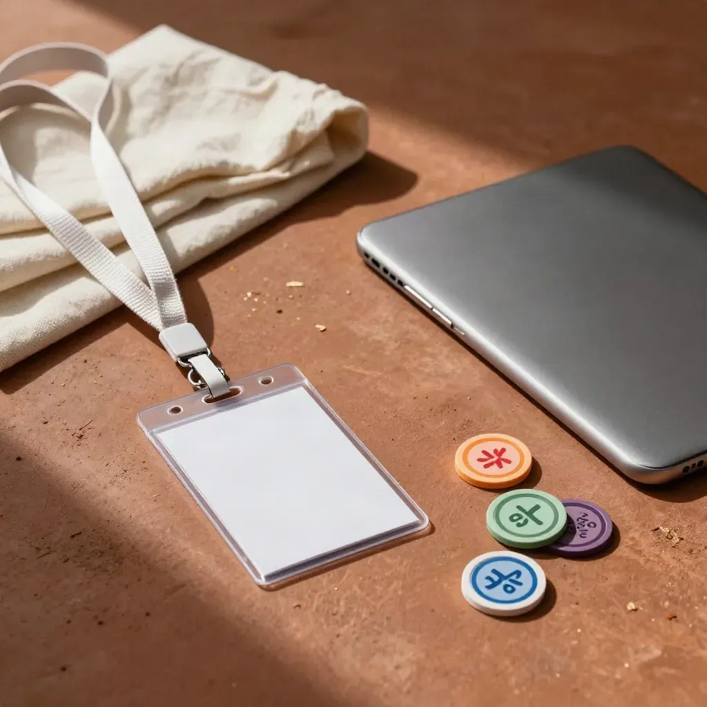 Phishing training kit with lanyards, badge sleeves, tablet and coloured tokens on clay.