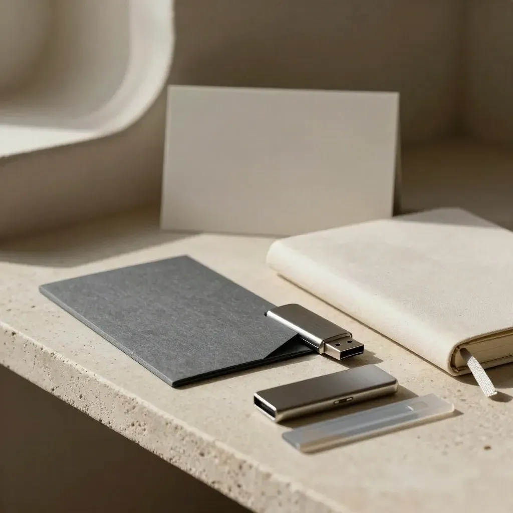 Slate presentation sleeve, USB drive, notebook and tabs on a limestone shelf