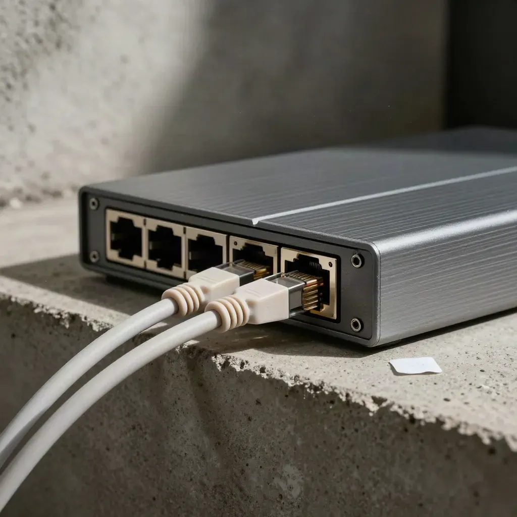 Firewall unit with SFP module, ethernet leads and tamper seal on a concrete shelf