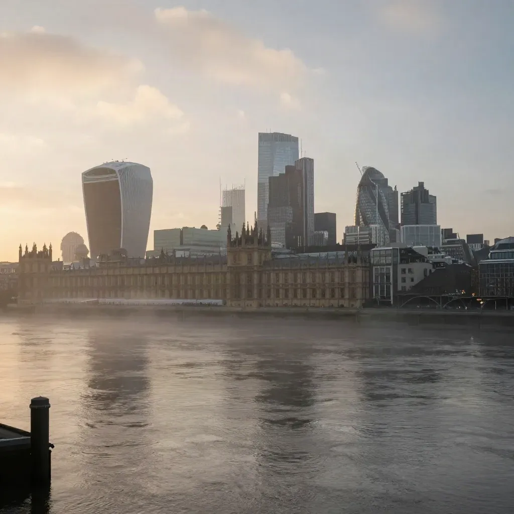 Thames skyline at dawn with misty water and softened London towers high in frame.