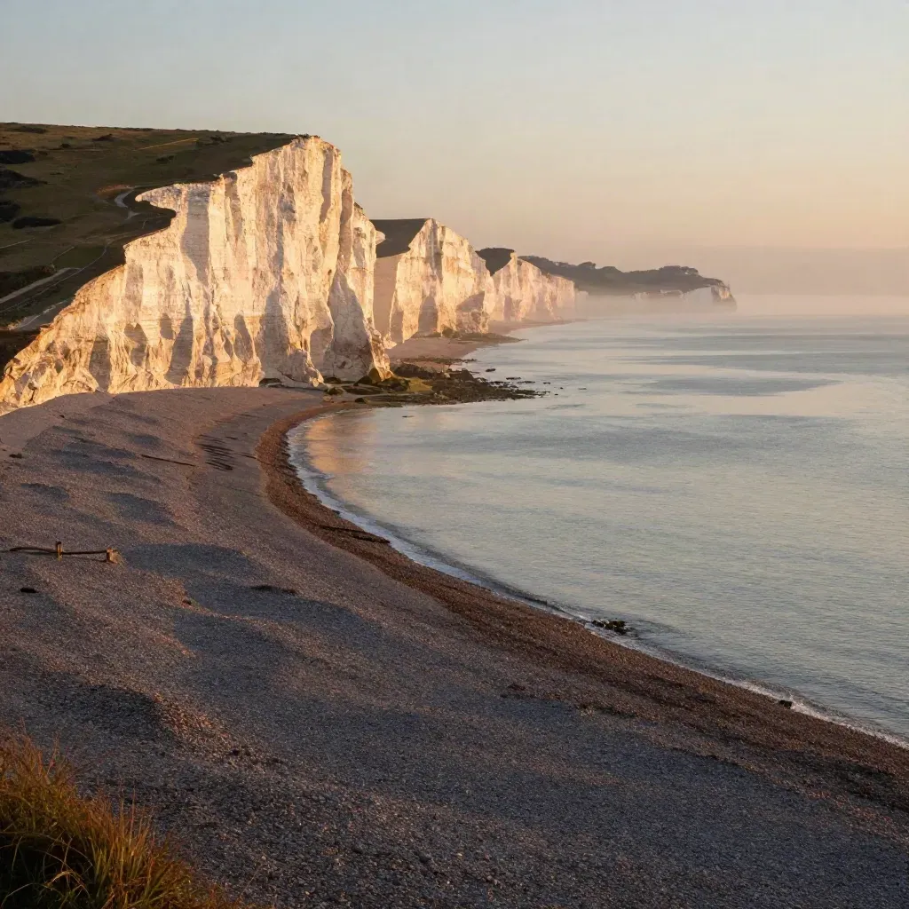 Brighton chalk cliffs over calm sea at golden hour with mist and shingle