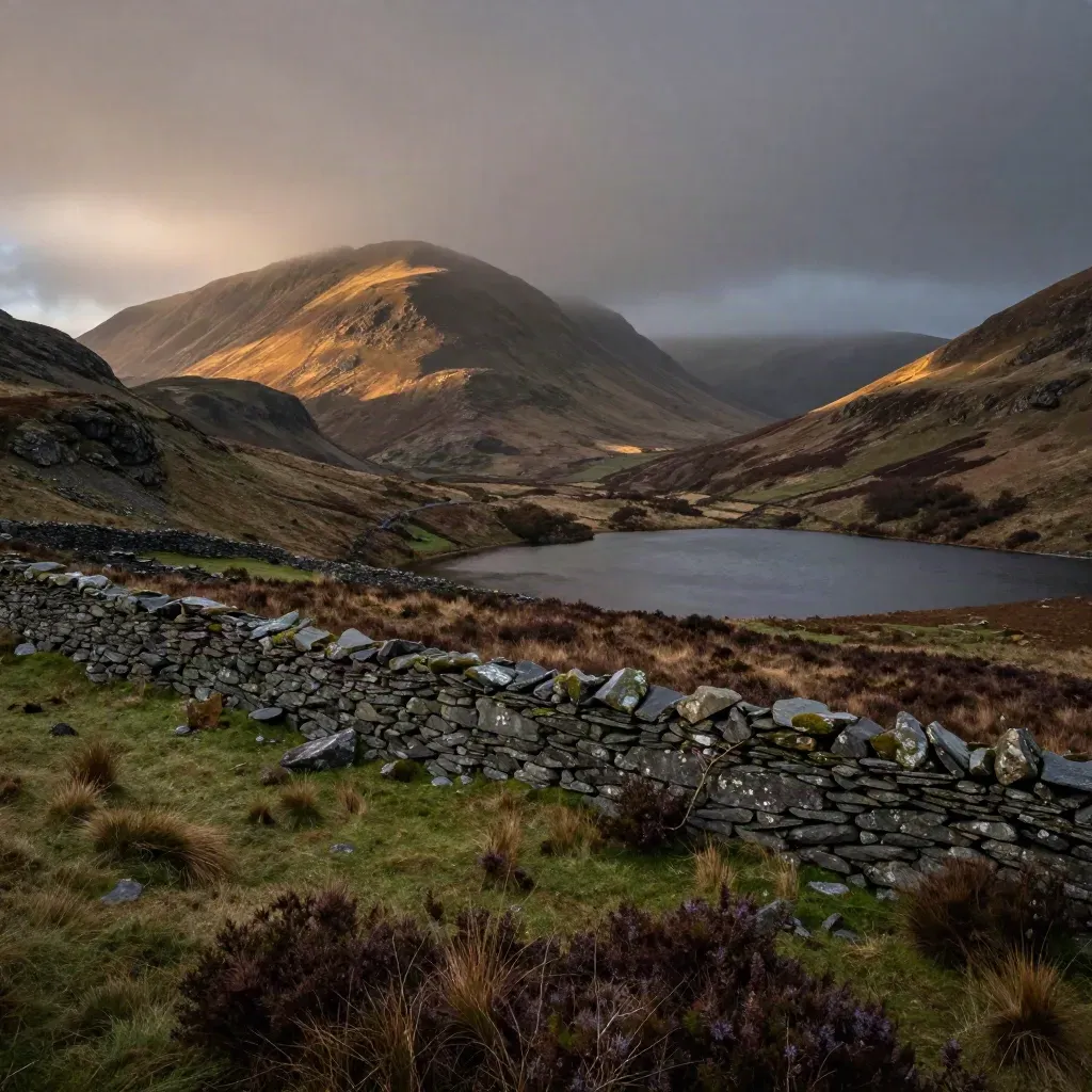Lake District fells under low cloud with slate walls, dark tarn, and evening light across the hills