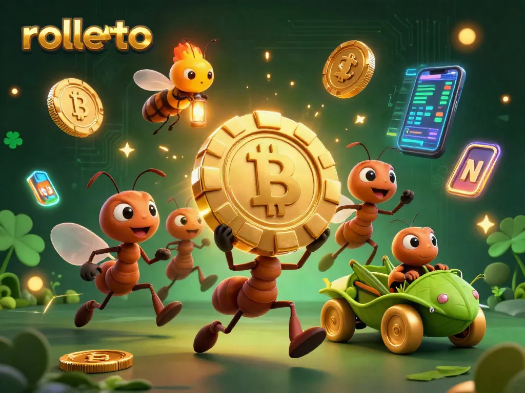 Engaging rolletto scene with cartoon heist ants, a golden chip, and vibrant crypto elements.