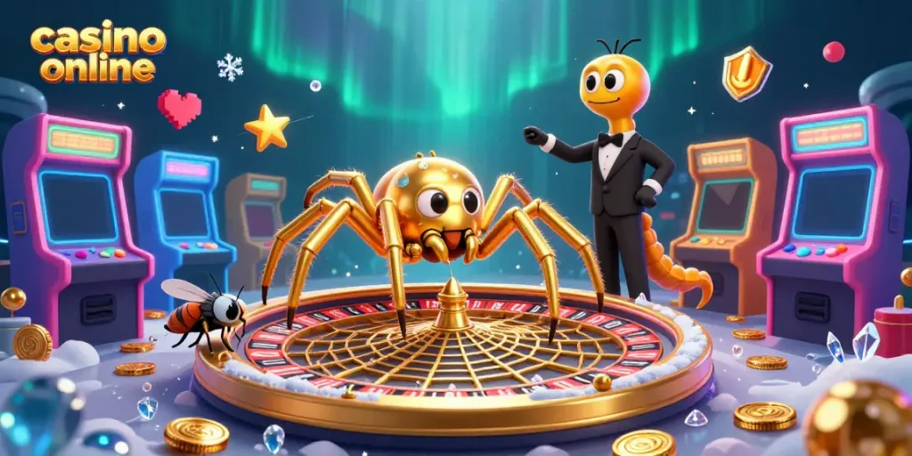Engage in top strategies at an exciting casino online, where a golden spider spins a roulette web.