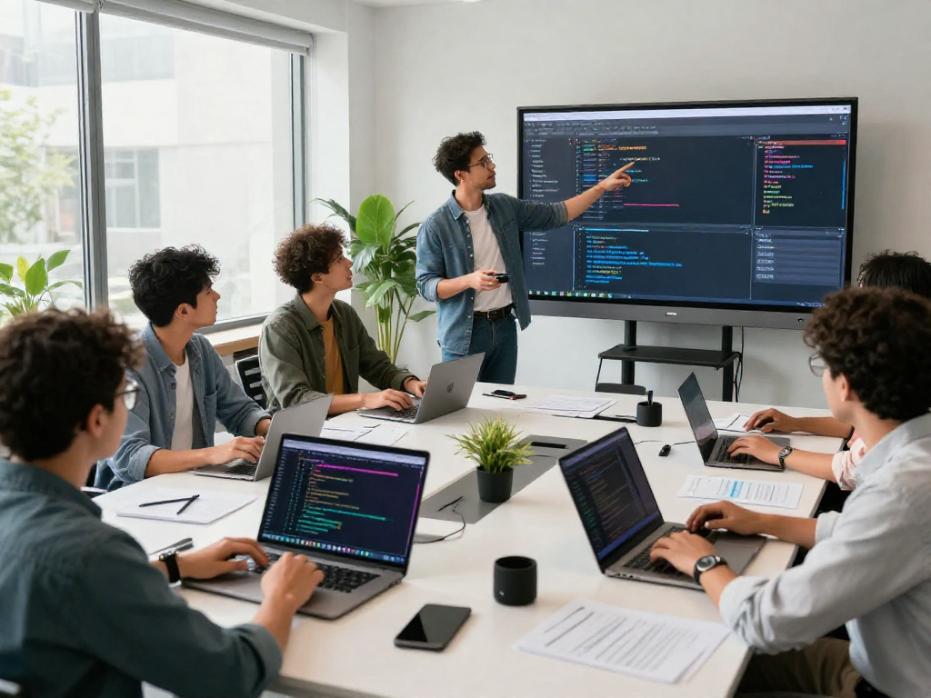 Dynamic team of software developers collaborating on spicy ai project in modern workspace with vibrant displays.