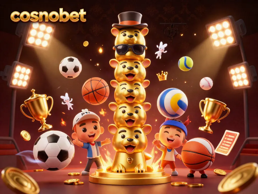 Win big at Cosmobet casino with vibrant 3D illustration featuring dynamic sports elements and golden totems.