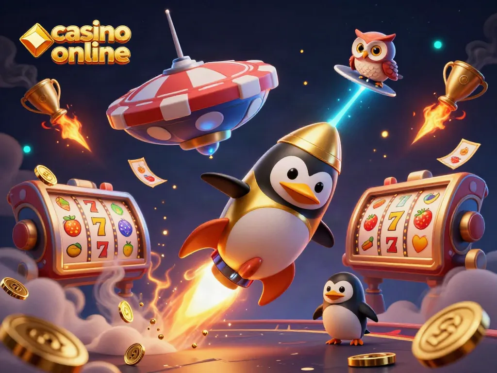 Casino online themed 3D digital illustration with a penguin and casino elements.