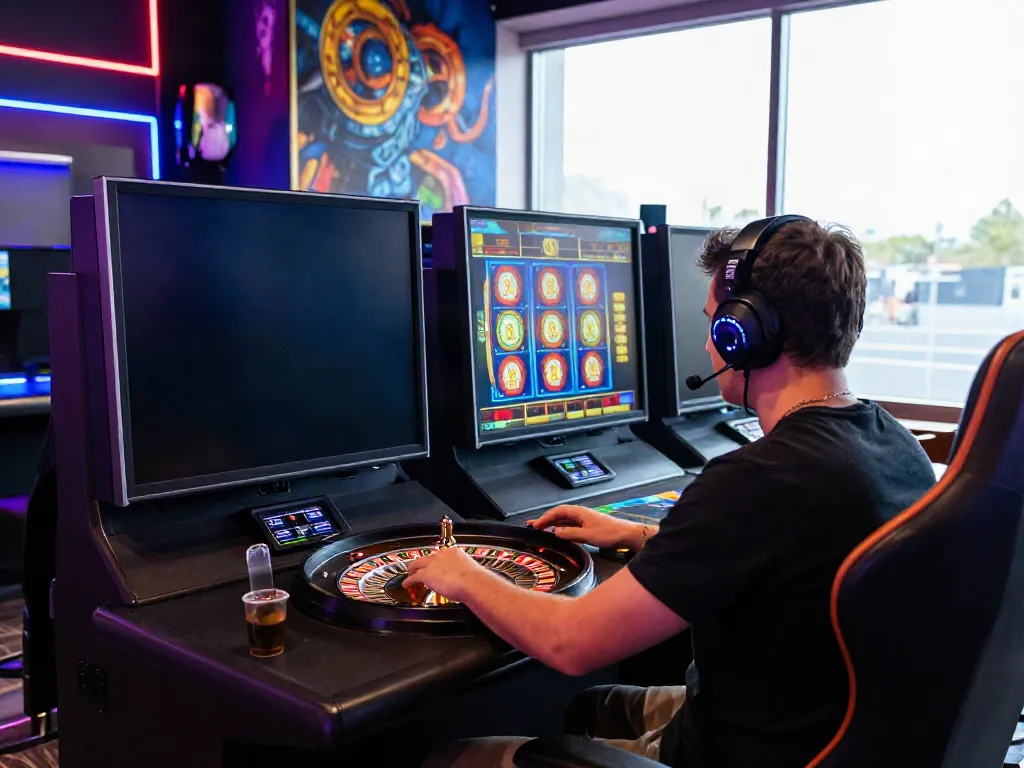 Exciting TX88 online gaming scene with virtual roulette and vibrant decor.