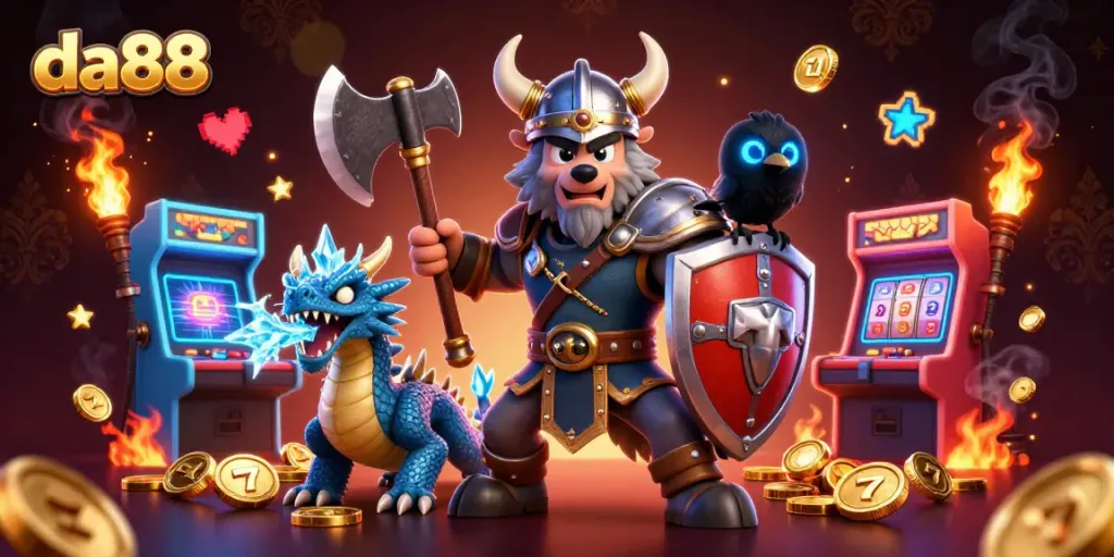 Engage in thrilling gameplay with da88 and the Viking wolf warrior amidst golden casino treasures.