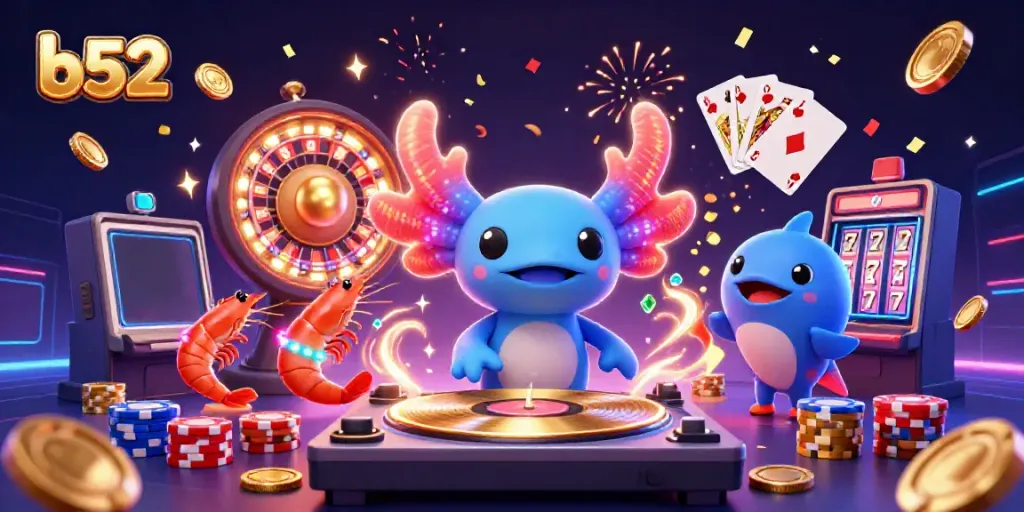 Experience the excitement at b52 club with a vibrant 3D casino scene featuring a DJ and animated characters.