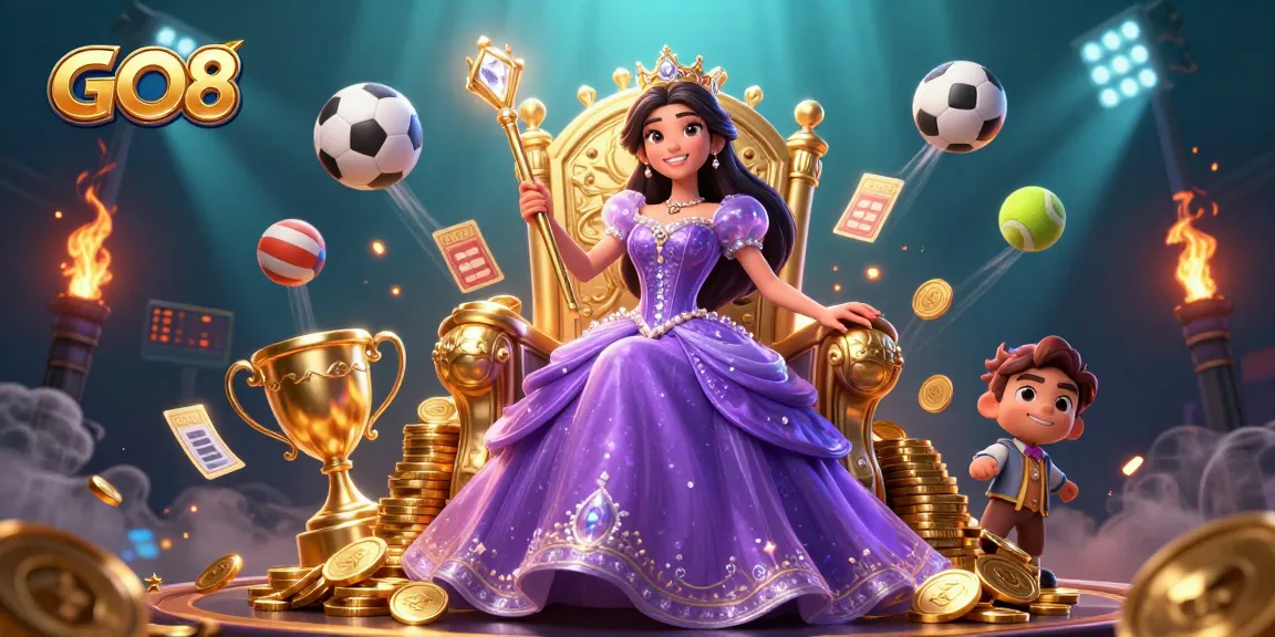 GO8 showcases a stunning Asian princess in a casino scene filled with dynamic sports elements, celebrating gaming.
