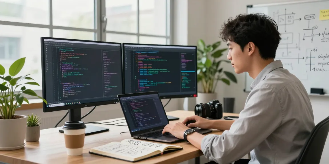 Professional workspace showcasing machine learning tools, with a data scientist coding on dual monitors and a dynamic office environment.