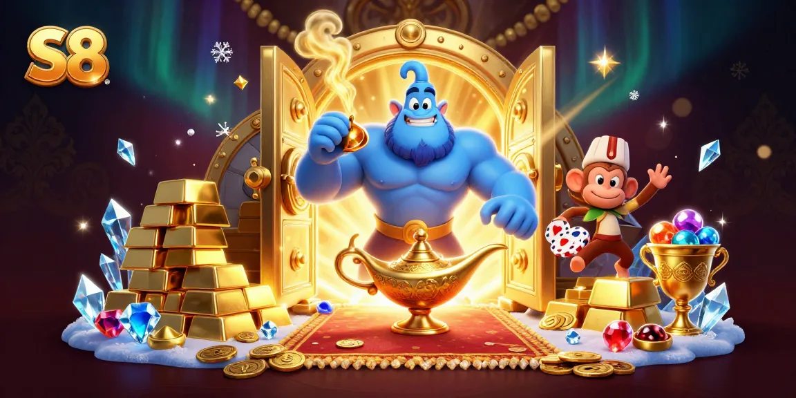 Engage with S8 Casino's thrilling atmosphere featuring a magical genie and treasure in a stunning illustration.