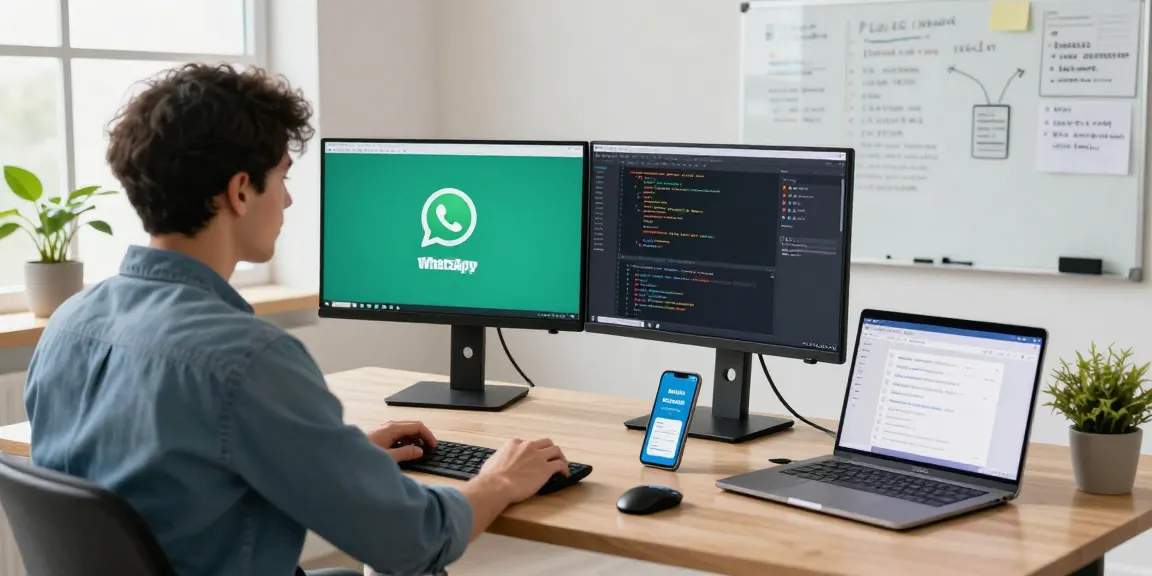 WhatsApp下載 interface displayed on dual monitors in a software development workspace, showcasing a developer's work environment.