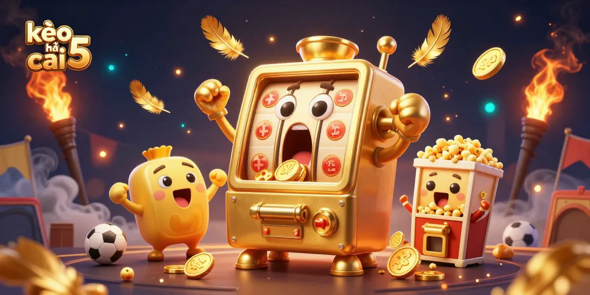 Engaging kèo nhà cái 5 scene with a golden slot machine celebrating its jackpot amidst dynamic gambling elements.