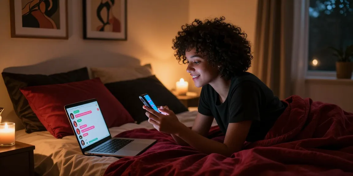 AI sexting interaction in a cozy bedroom setting with warm lighting, showcasing digital intimacy.
