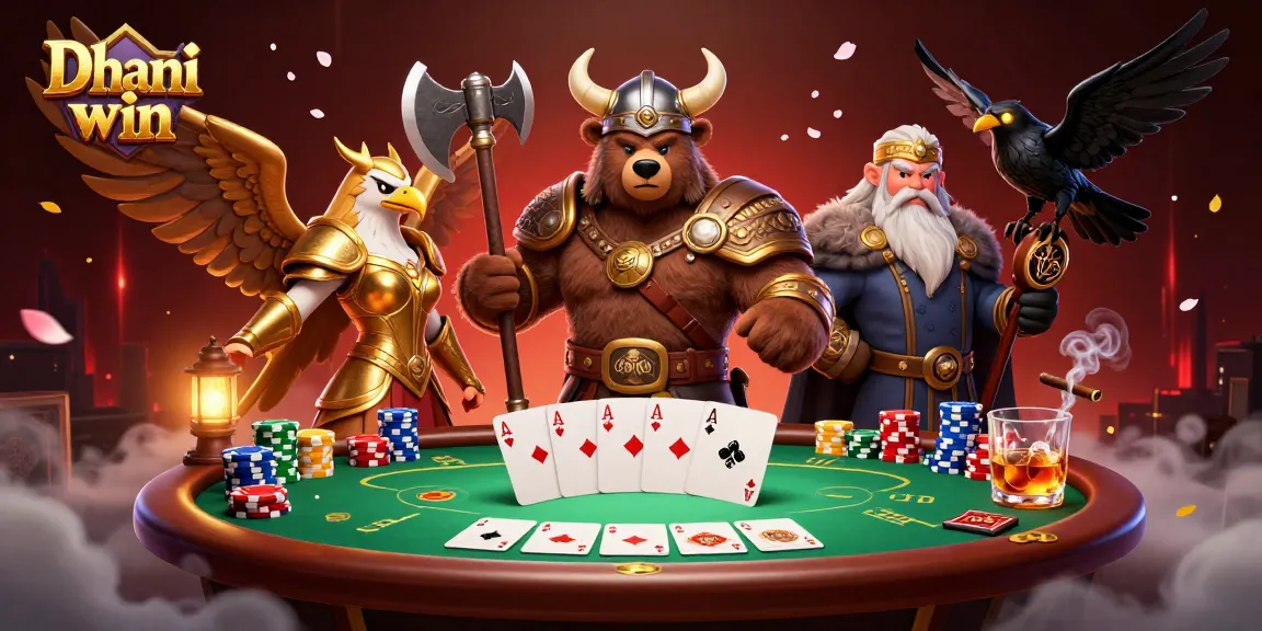 Dhani win players enjoying poker with a Viking bear and Valkyrie eagle amidst vibrant casino elements.
