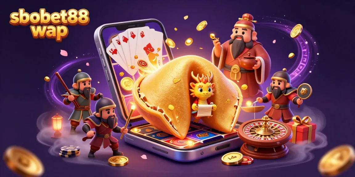 Experience sbobet88 wap with a vibrant scene of a golden fortune cookie and gaming elements.