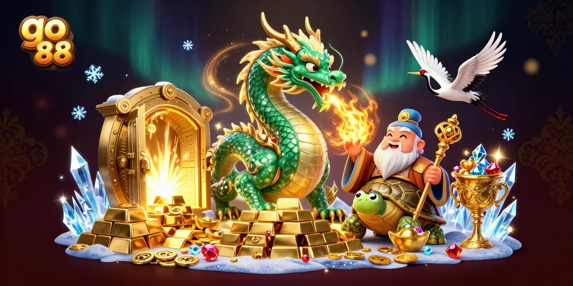 Experience the excitement of go 88 with a vibrant casino scene featuring a jade dragon and treasures.
